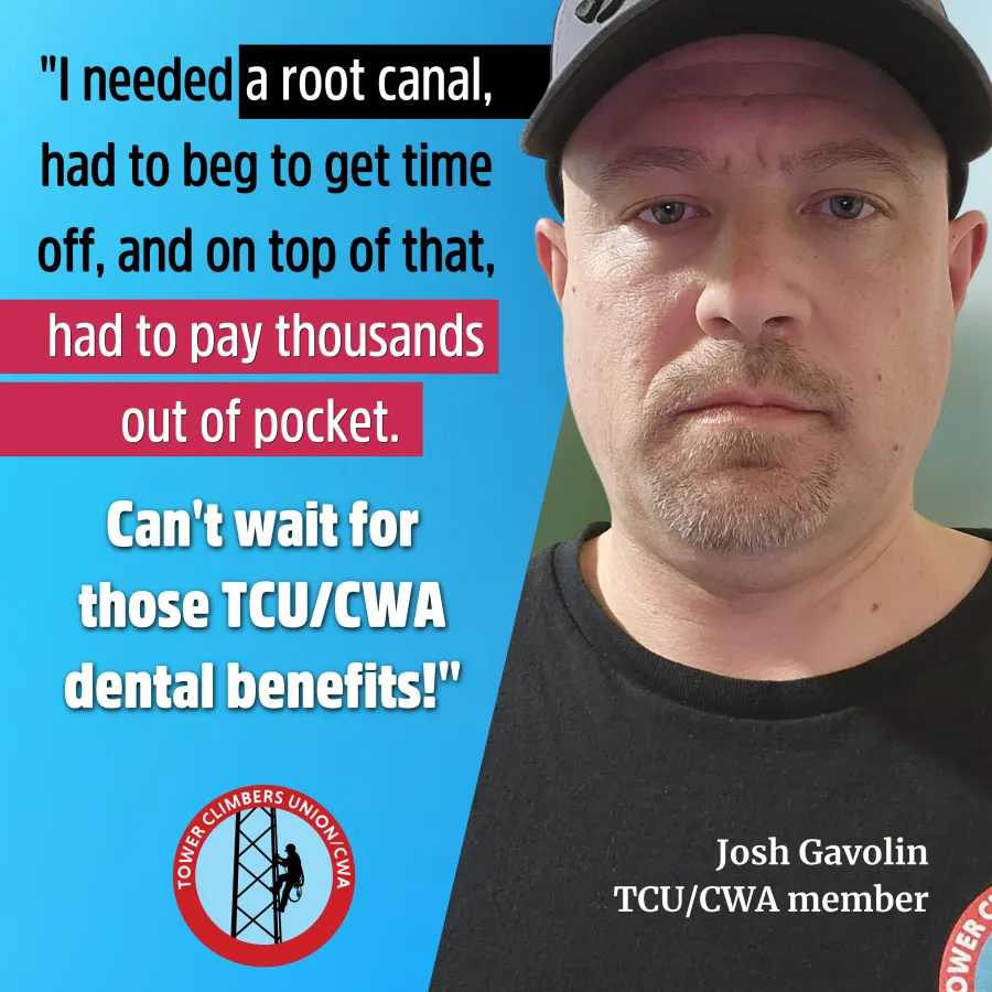 These are just a FEW of the benefits you get when you become a monthly dues paying member of the Tower Climbers Union/CWA! Learn more & sign up here: https://form.jotform.com/223325854590156